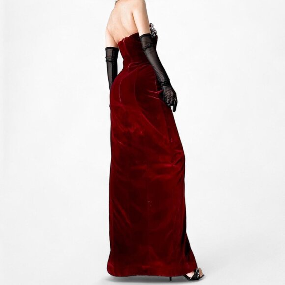 Vintage Burgundy Red Strapless Sequin Beaded Velvet Bodycon Maxi Slit Prom Dress - Picture 4 of 7